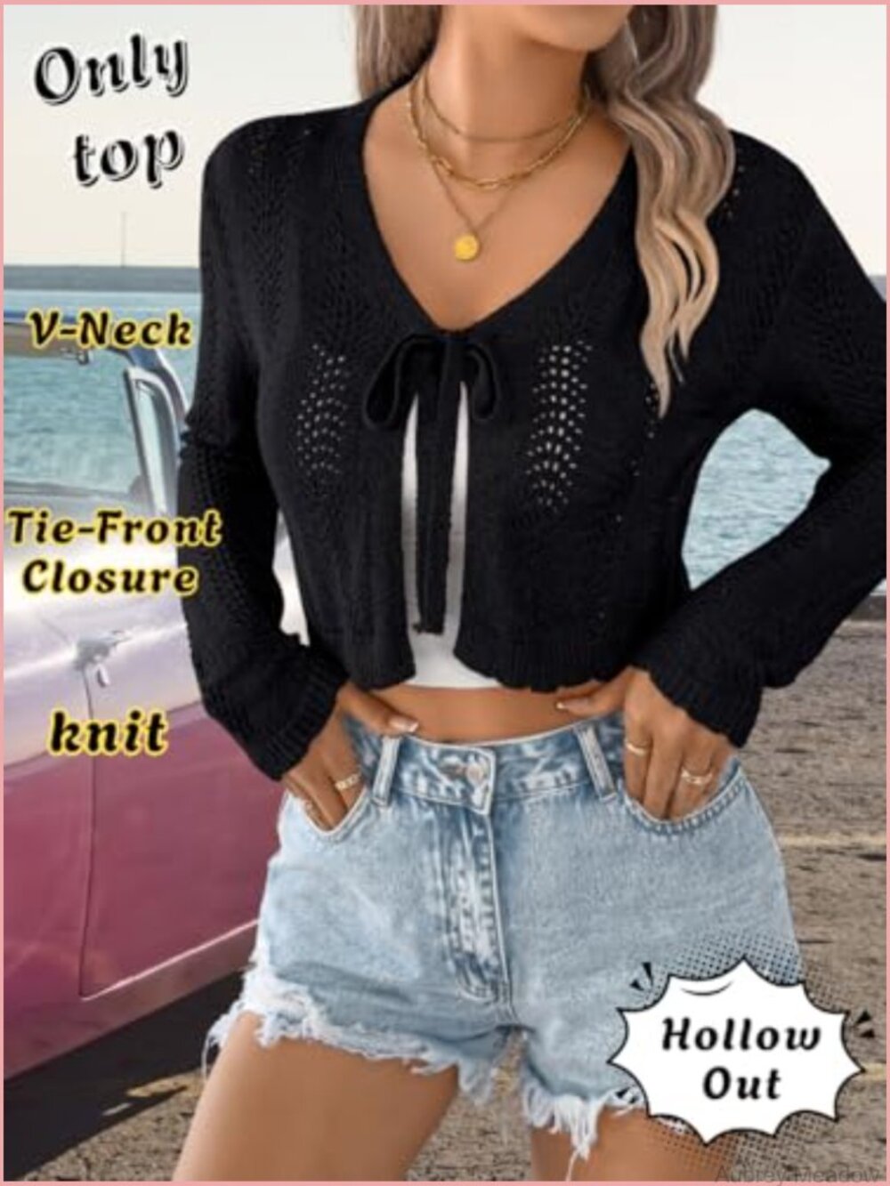 Lightweight Cropped Crochet Cardigan Tie Front V-Neck Hollow Out Knit Top - Picture 2 of 7